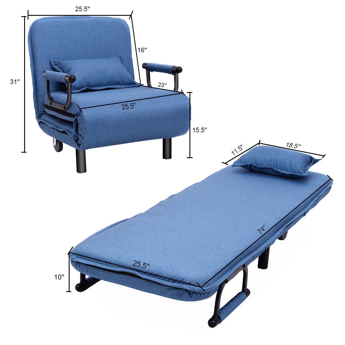 Convertible Folding Leisure Recliner Sofa Bed-Blue