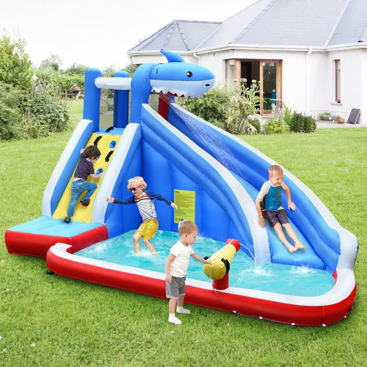 Inflatable Shark Bounce House with Water Slide and Climbing Wall without Blower