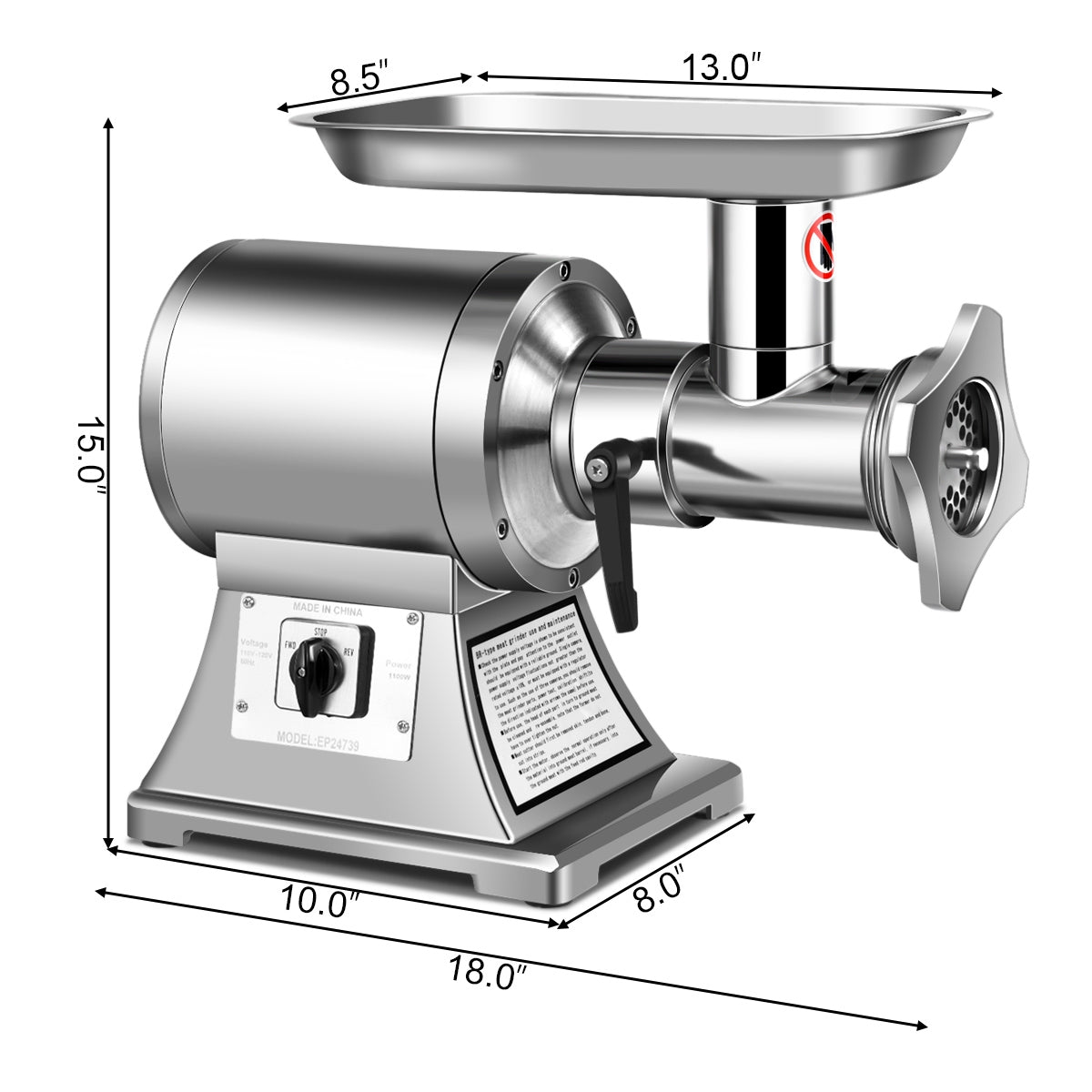 Heavy Duty 1.5HP 1100W 550LB/h Commercial Grade Meat Grinder