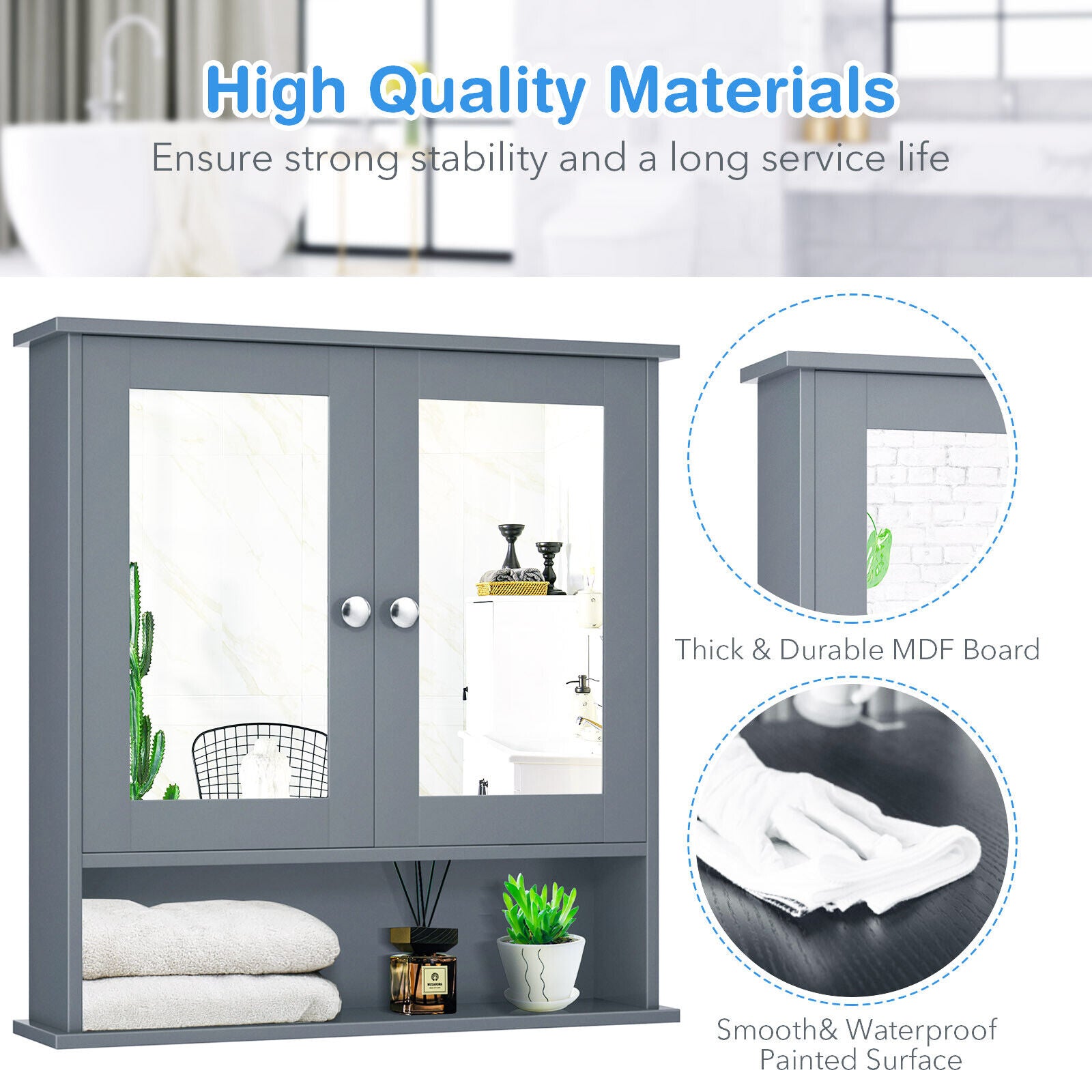 Bathroom Wall Mount Mirror Cabinet Organizer-Gray