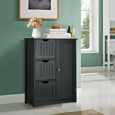 Bathroom Floor Cabinet Side Storage Cabinet with 3 Drawers and 1 Cupboard-Black 