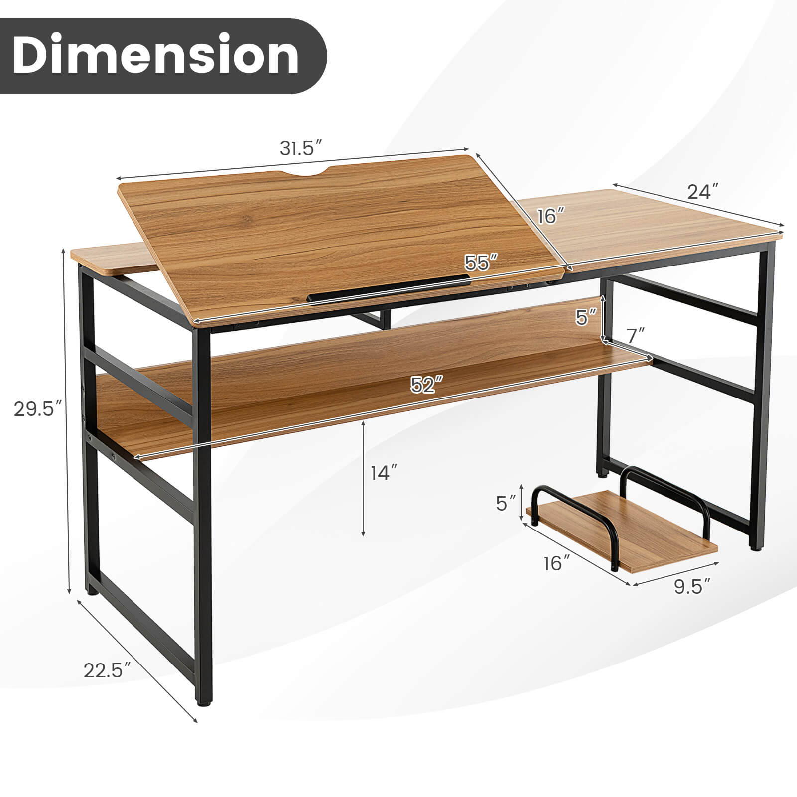 55" Tiltable Drafting Drawing Table-Walnut