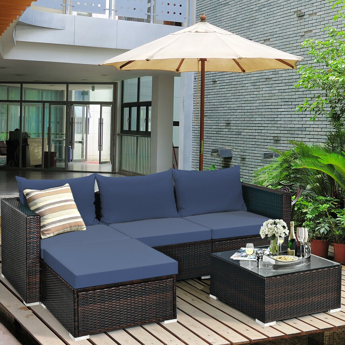 5 Pieces Patio Rattan Sectional Furniture Set with Cushions and Coffee Table -NavyÂ 