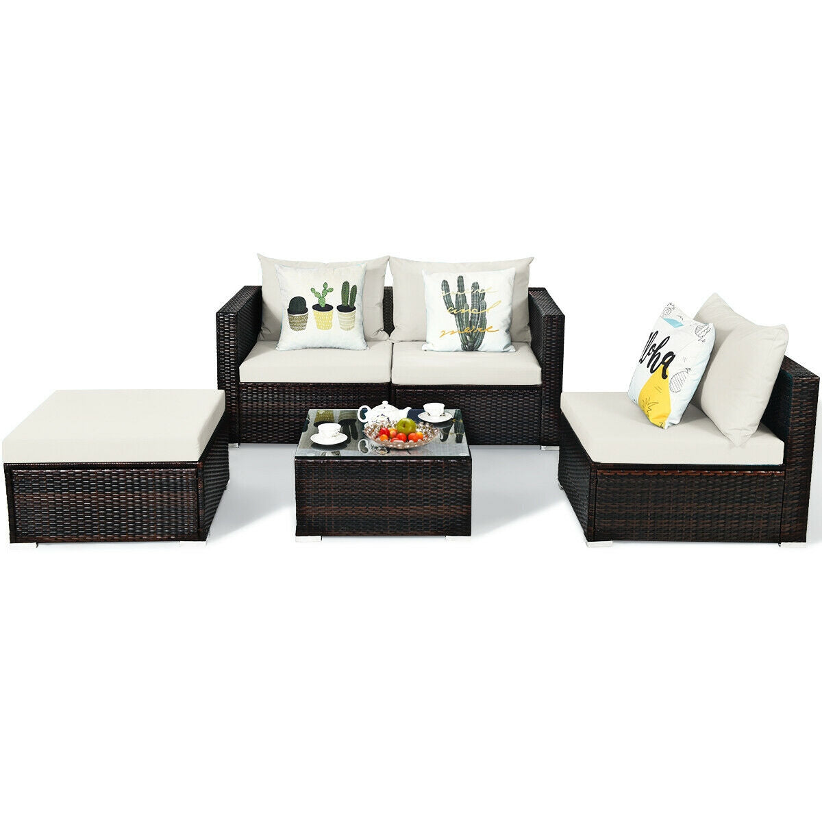 5 Pieces Patio Rattan Furniture Set with Coffee Table-Off White