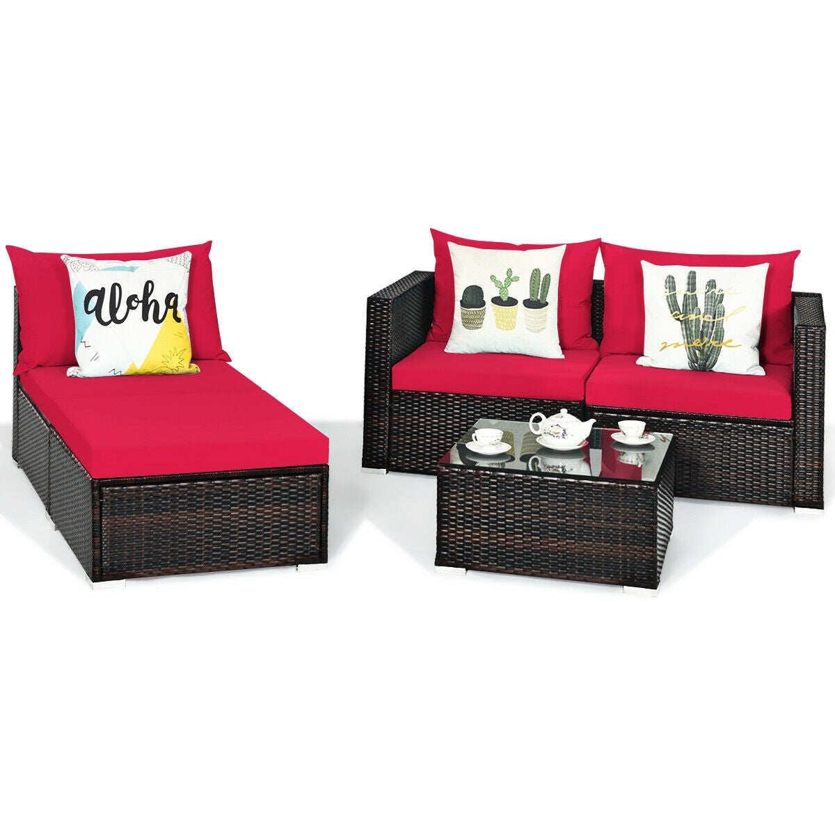 5 Pieces Patio Rattan Sectional Furniture Set with Cushions and Coffee Table-Red