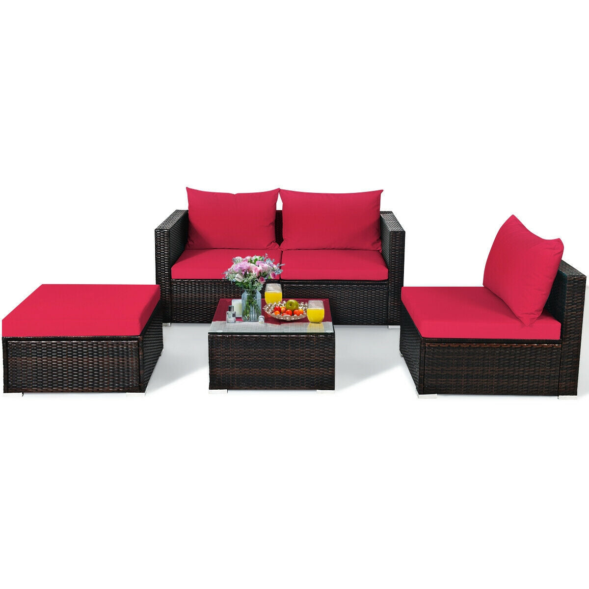 5 Pieces Patio Rattan Sectional Furniture Set with Cushions and Coffee Table-Red