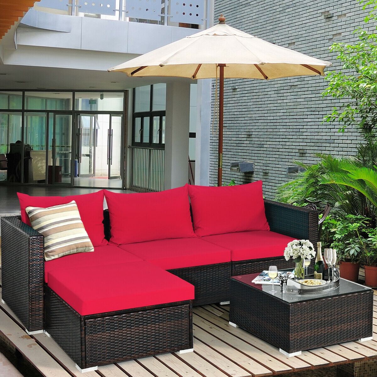 5 Pieces Patio Rattan Sectional Furniture Set with Cushions and Coffee Table-RedÂ 