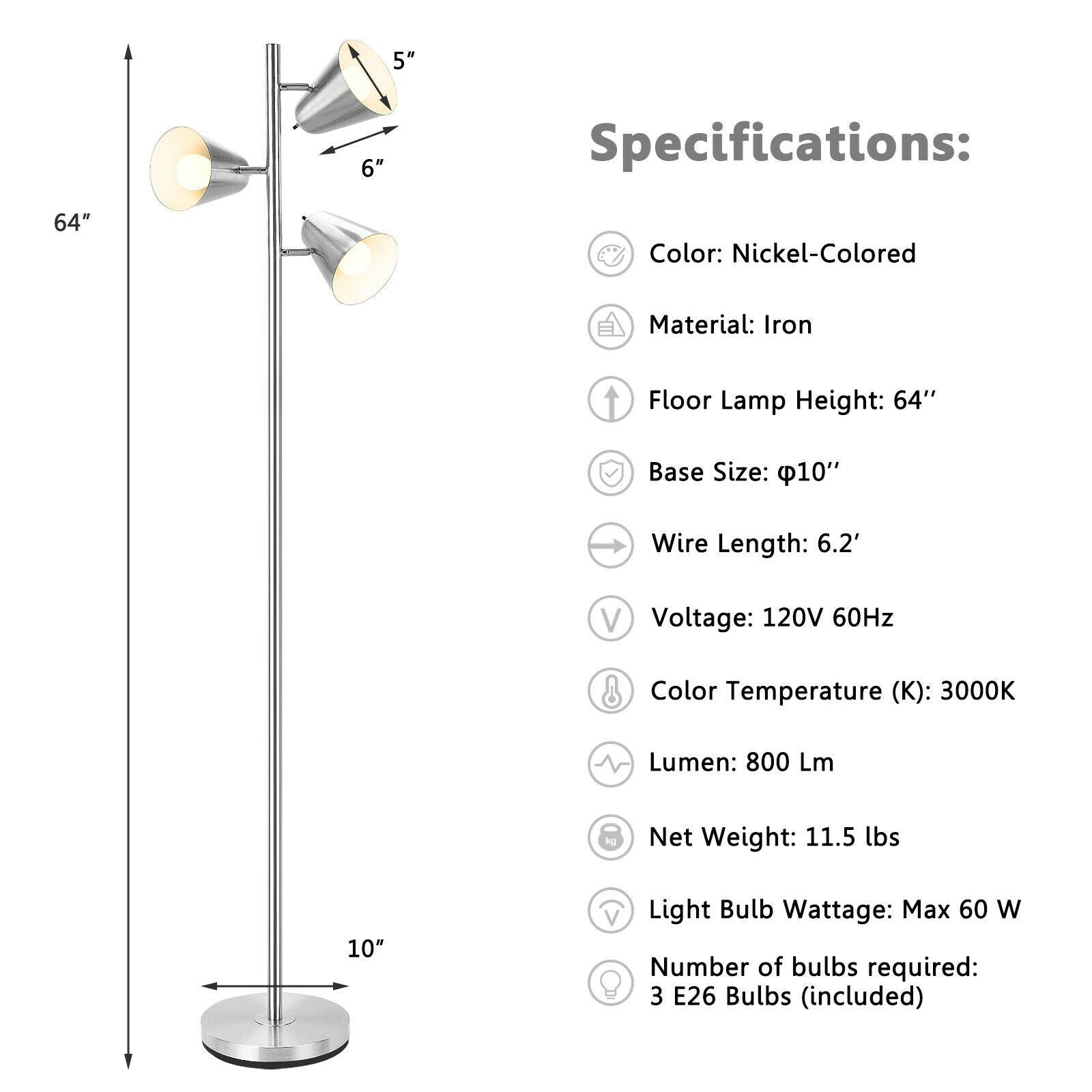 64 Inch 3-Light LED Floor Lamp Reading Light for Living Room Bedroom-Silver