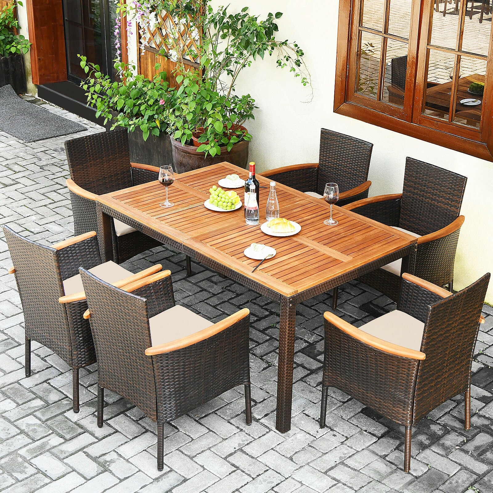 7 Pieces Patio Rattan Dining Set with Armrest Cushioned Chair and Umbrella HoleÂ 