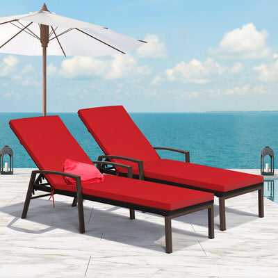 2 Pieces Patio Rattan Adjustable Back Lounge Chair with Armrest and Removable Cushions-RedÂ 