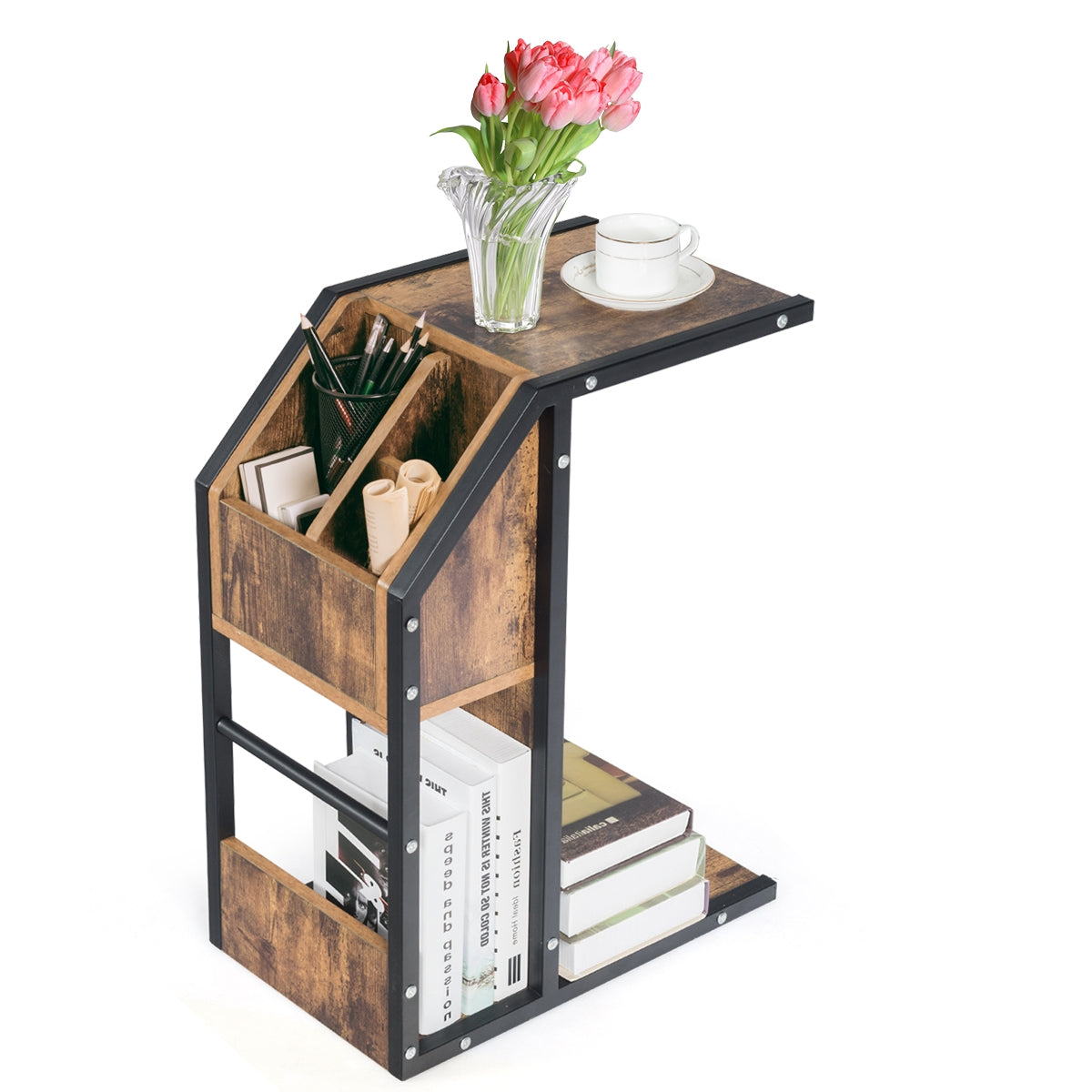 Industrial C-Shape Snack End Table with Storage Space