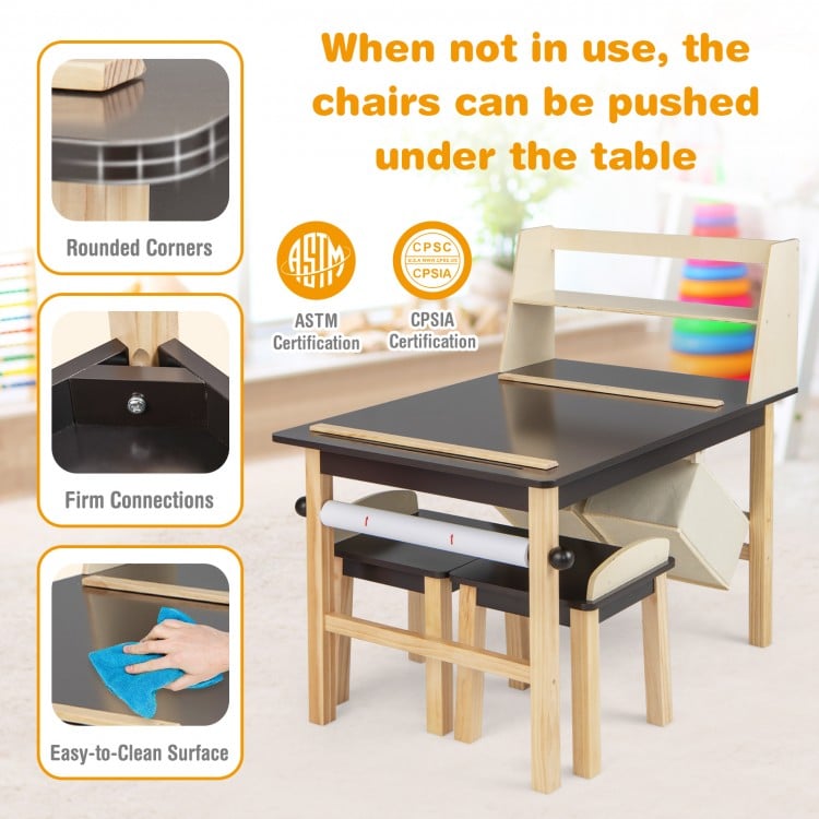 Kids Art Table and Chairs Set with Paper Roll and Storage Bins-Coffee