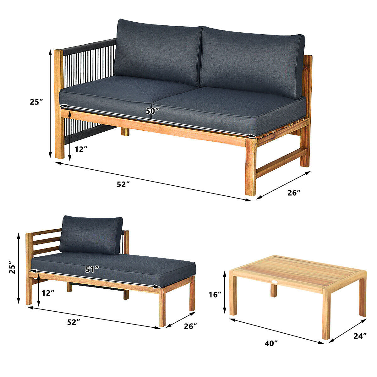 3 Piece Patio Acacia Sofa Set with Nylon Armrest