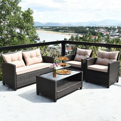4 Pieces Outdoor Rattan Armrest Furniture Set Table with Lower Shelf-BeigeÂ 