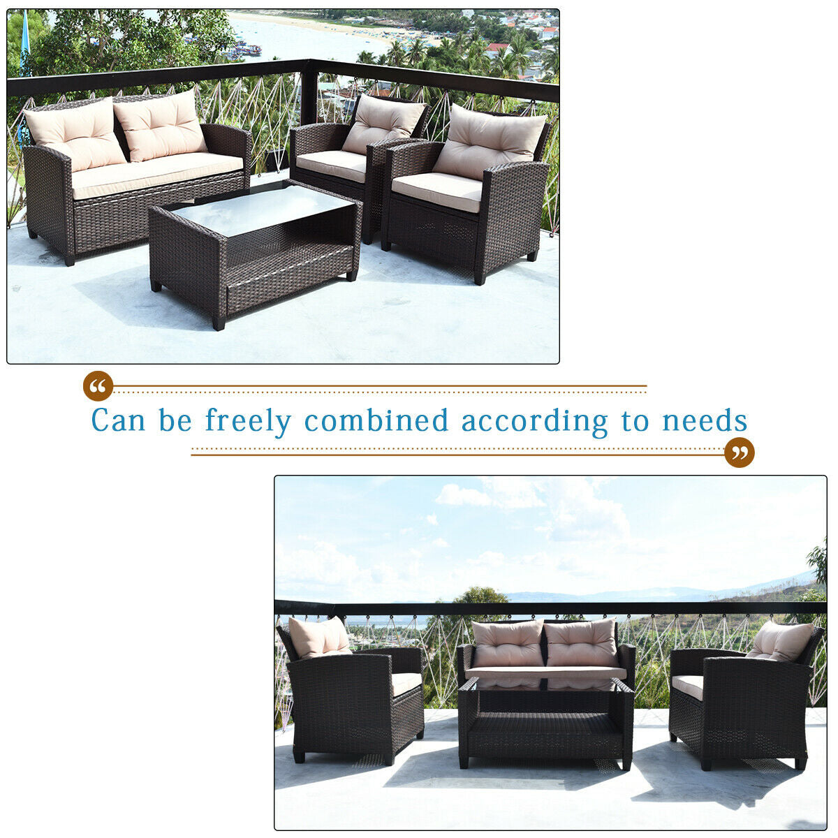 4 Pieces Outdoor Rattan Armrest Furniture Set Table with Lower Shelf-Beige