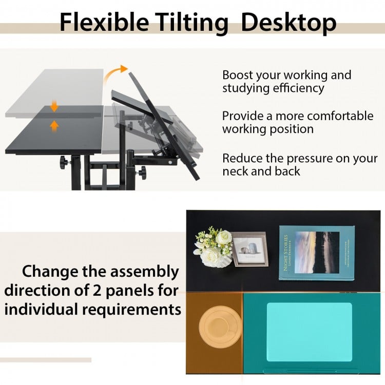 Mobile Stand-up Computer Desk Adjustable with 2 Tilting Desktops-Black