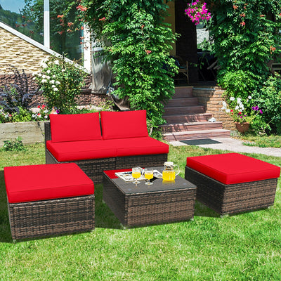 5 Pieces Patio Rattan Furniture Set with Cushioned Armless Sofa-RedÂ 