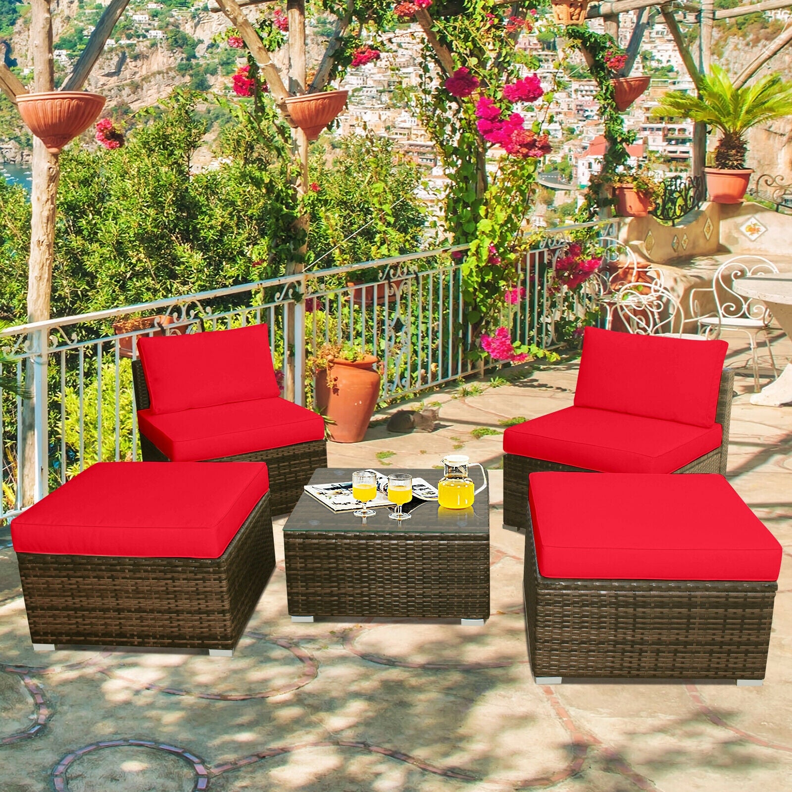 5 Pieces Patio Rattan Furniture Set with Cushioned Armless Sofa-Red