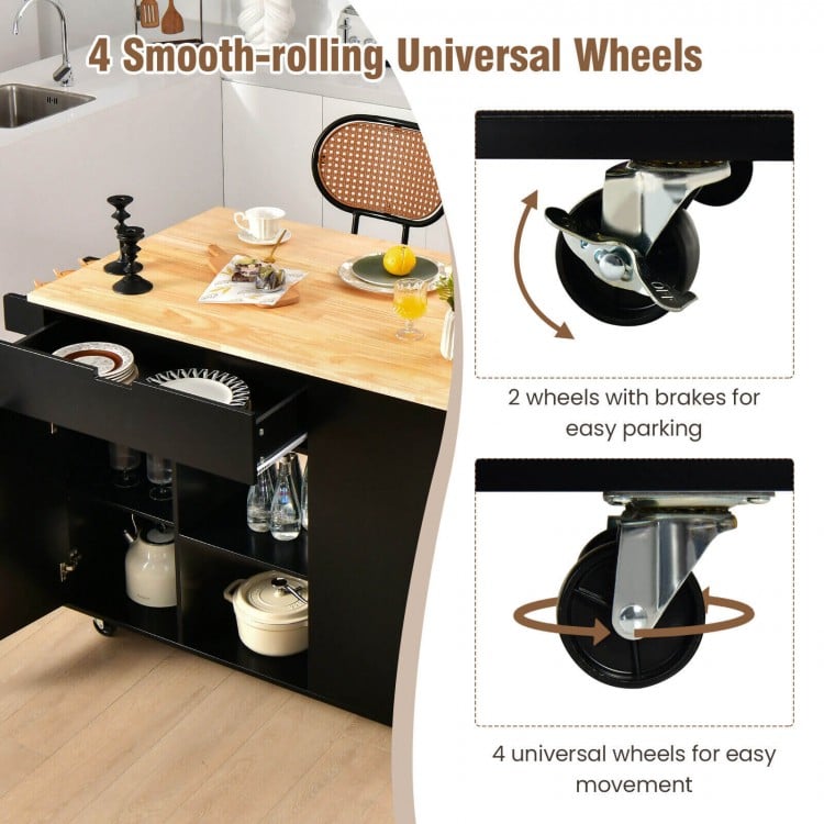 Drop-Leaf Kitchen Island with Rubber Wood Top-Black