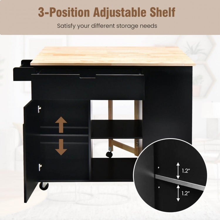 Drop-Leaf Kitchen Island with Rubber Wood Top-Black