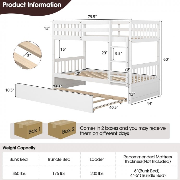 Twin Over Twin Bunk Bed with Pull-out Trundle and Ladder-White