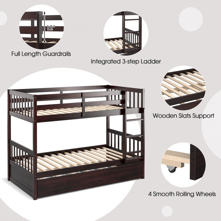 Twin Over Twin Bunk Bed with Pull-out Trundle and Ladder-Espresso