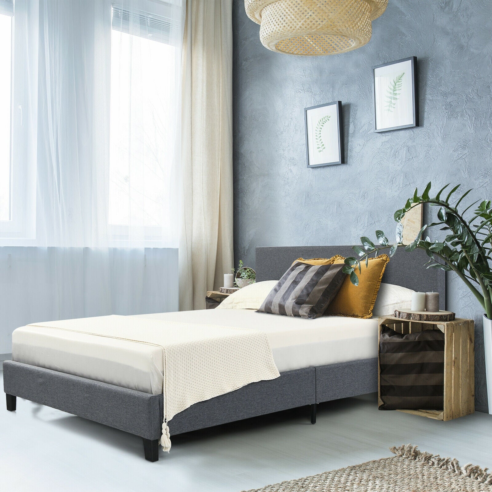 Upholstered Bed Frame Platform with Linen Headboard-Full Size