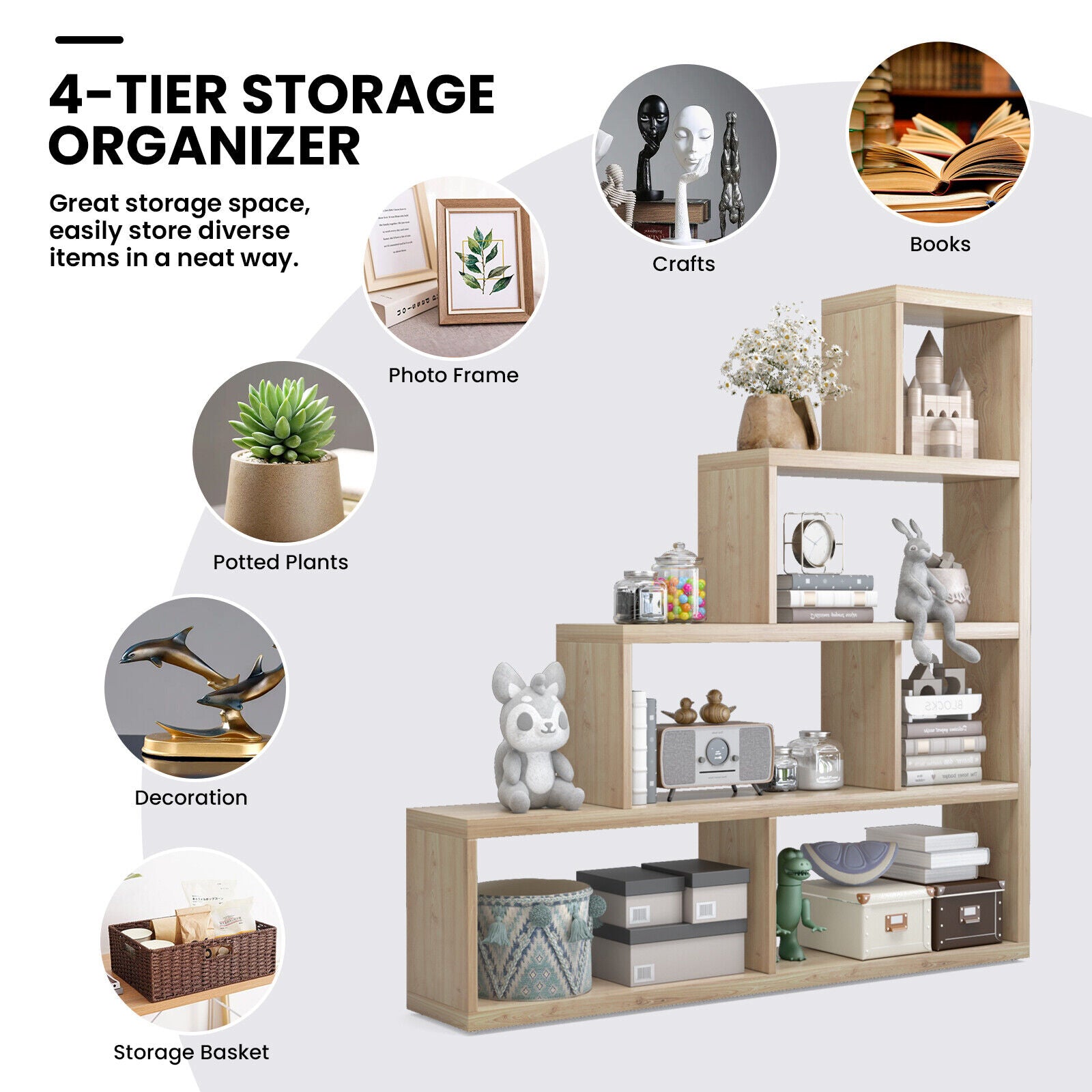 6 Cubes Ladder Shelf Corner Bookshelf Storage Bookcase-Natural