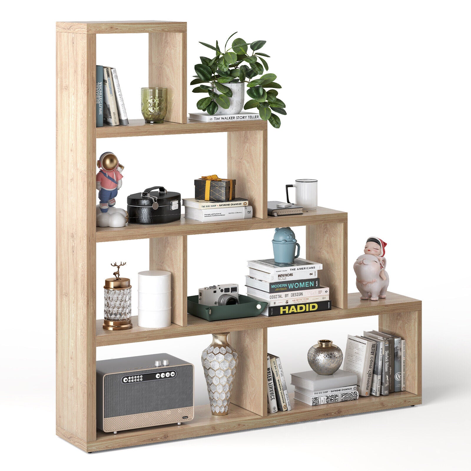 6 Cubes Ladder Shelf Corner Bookshelf Storage Bookcase-Natural