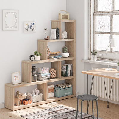 6 Cubes Ladder Shelf Corner Bookshelf Storage Bookcase-Natural 