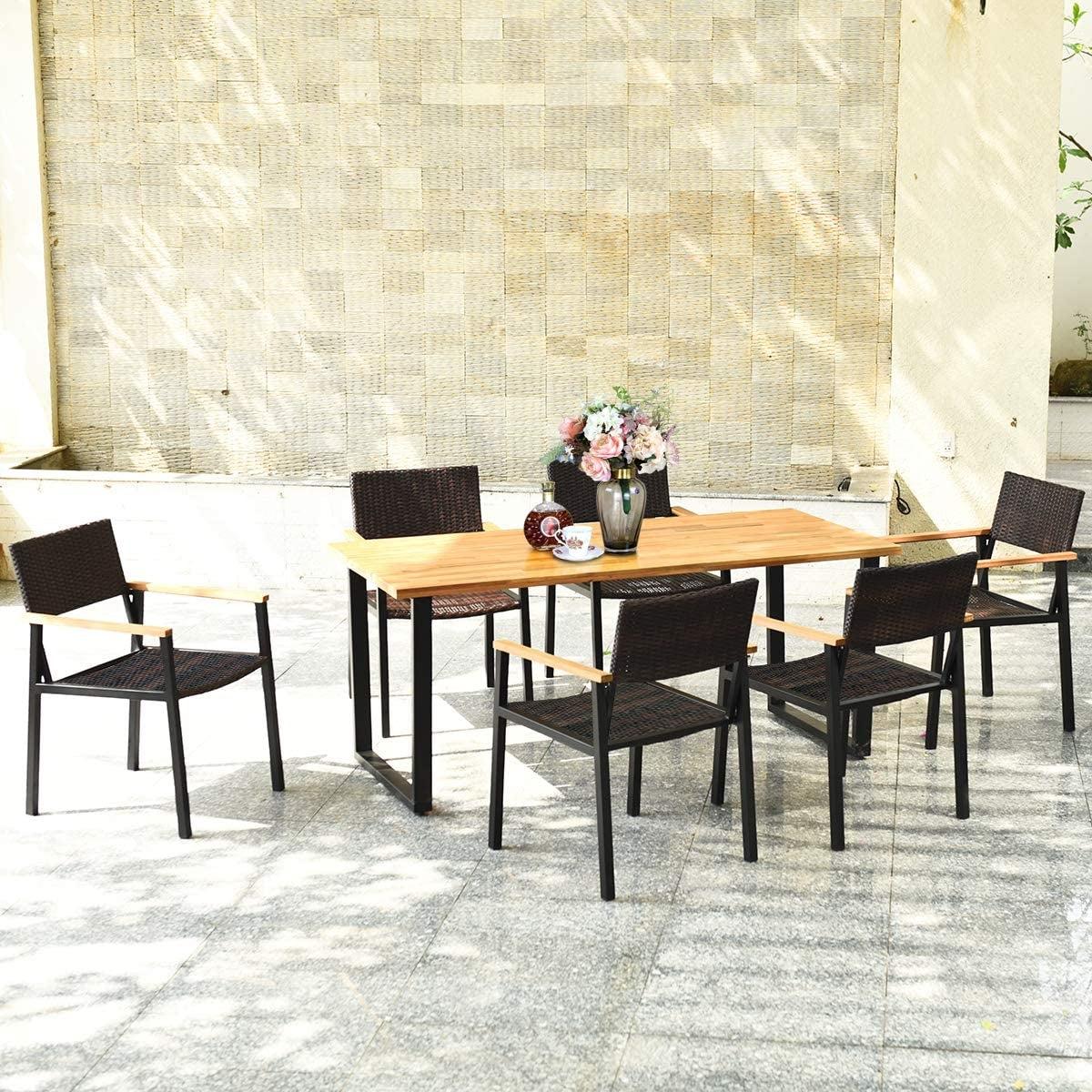 Patented 7 Pieces Outdoor Dining Set with Large Acacia Wood Table TopÂ 