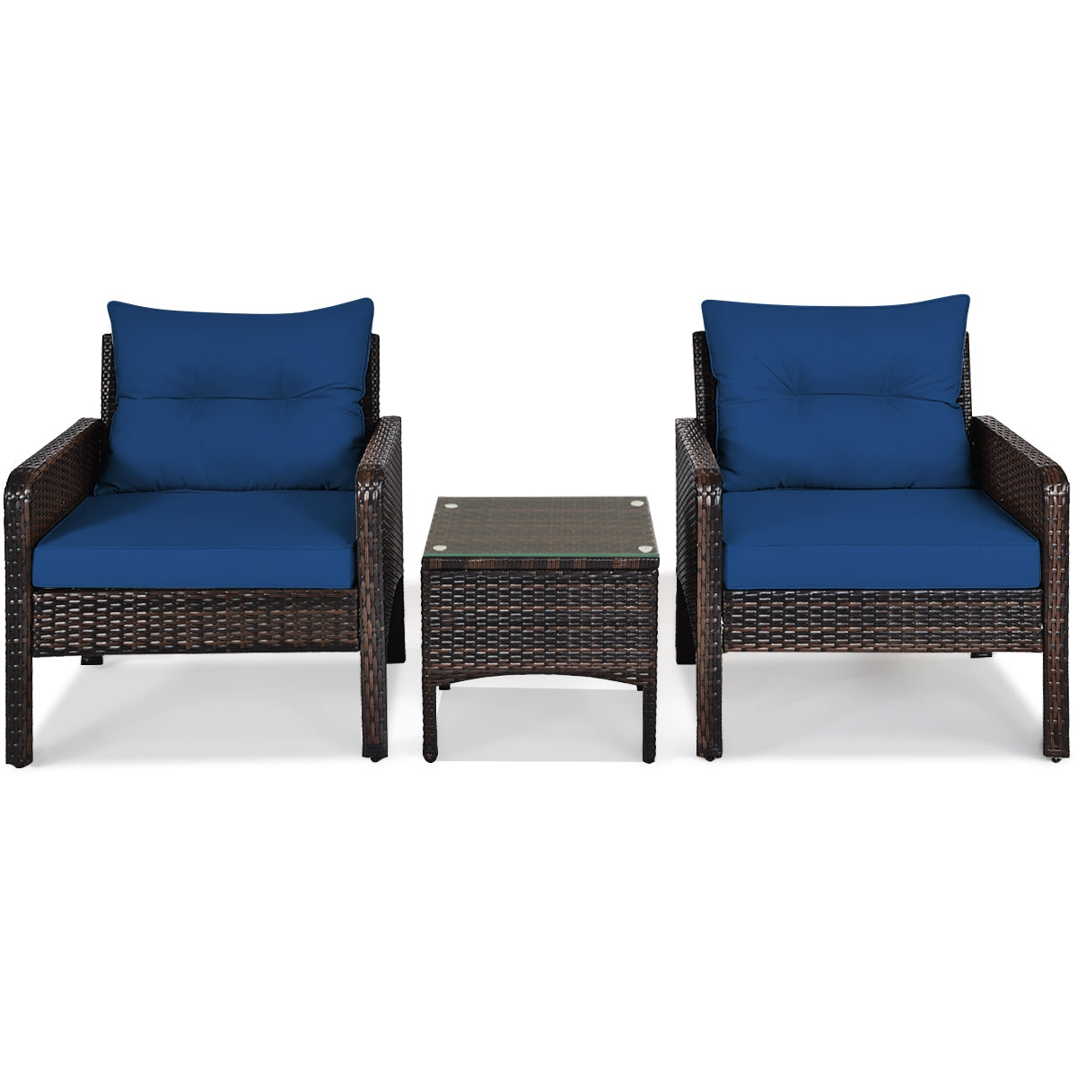 3 Pieces Outdoor Patio Rattan Conversation Set with Seat Cushions-Navy