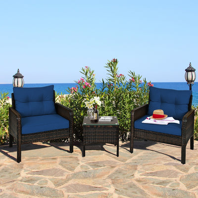 3 Pieces Outdoor Patio Rattan Conversation Set with Seat Cushions-Navy 