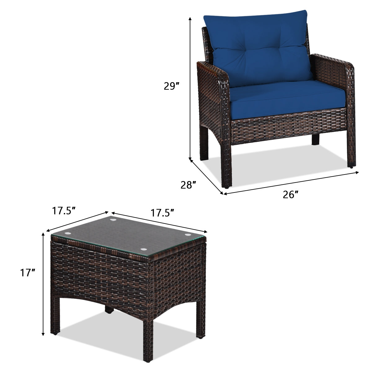 3 Pieces Outdoor Patio Rattan Conversation Set with Seat Cushions-Navy