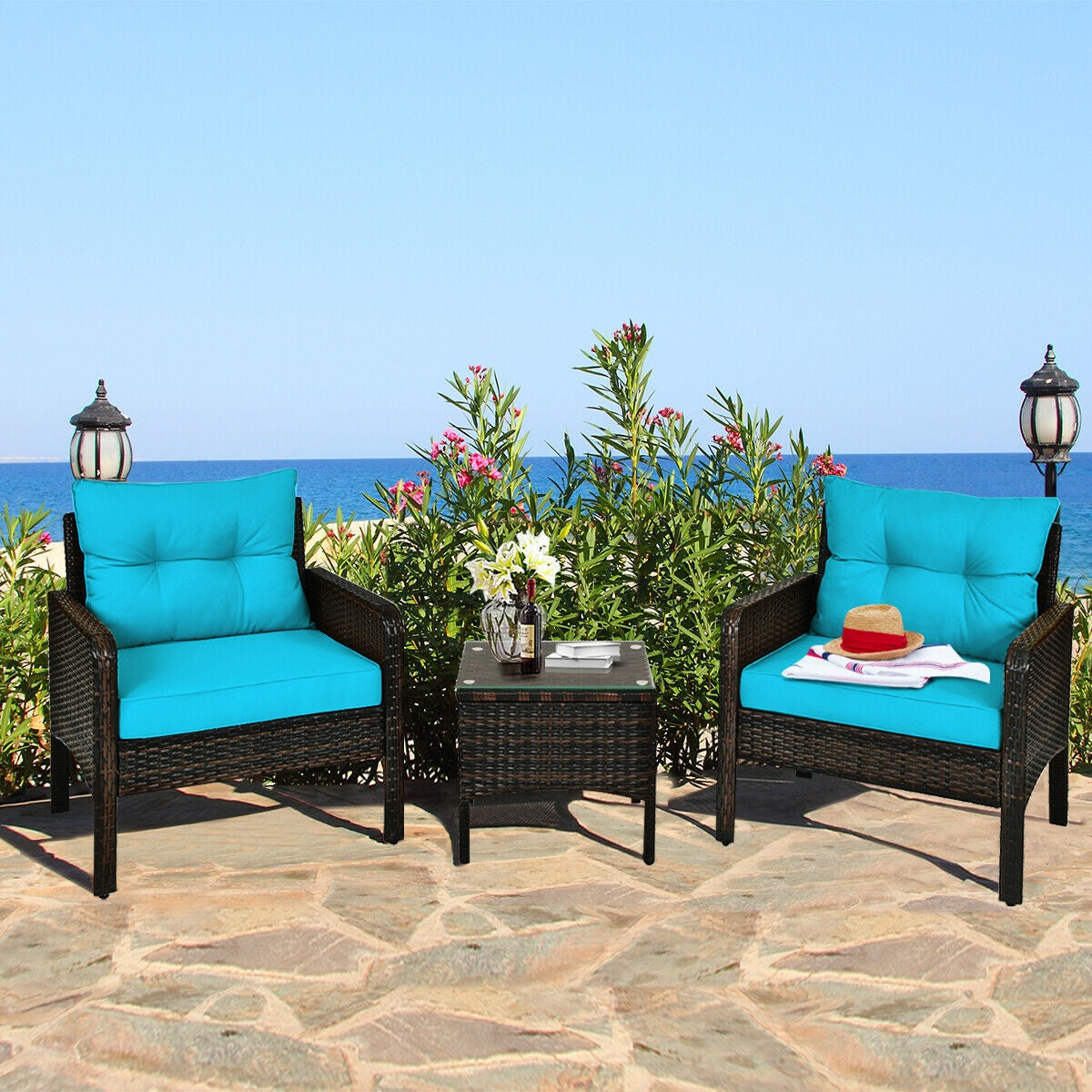 3 Pcs Outdoor Patio Rattan Conversation Set with Seat Cushions-Turquoise