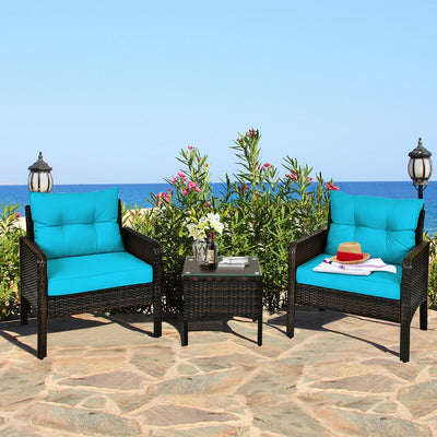 3 Pcs Outdoor Patio Rattan Conversation Set with Seat Cushions-TurquoiseÂ 