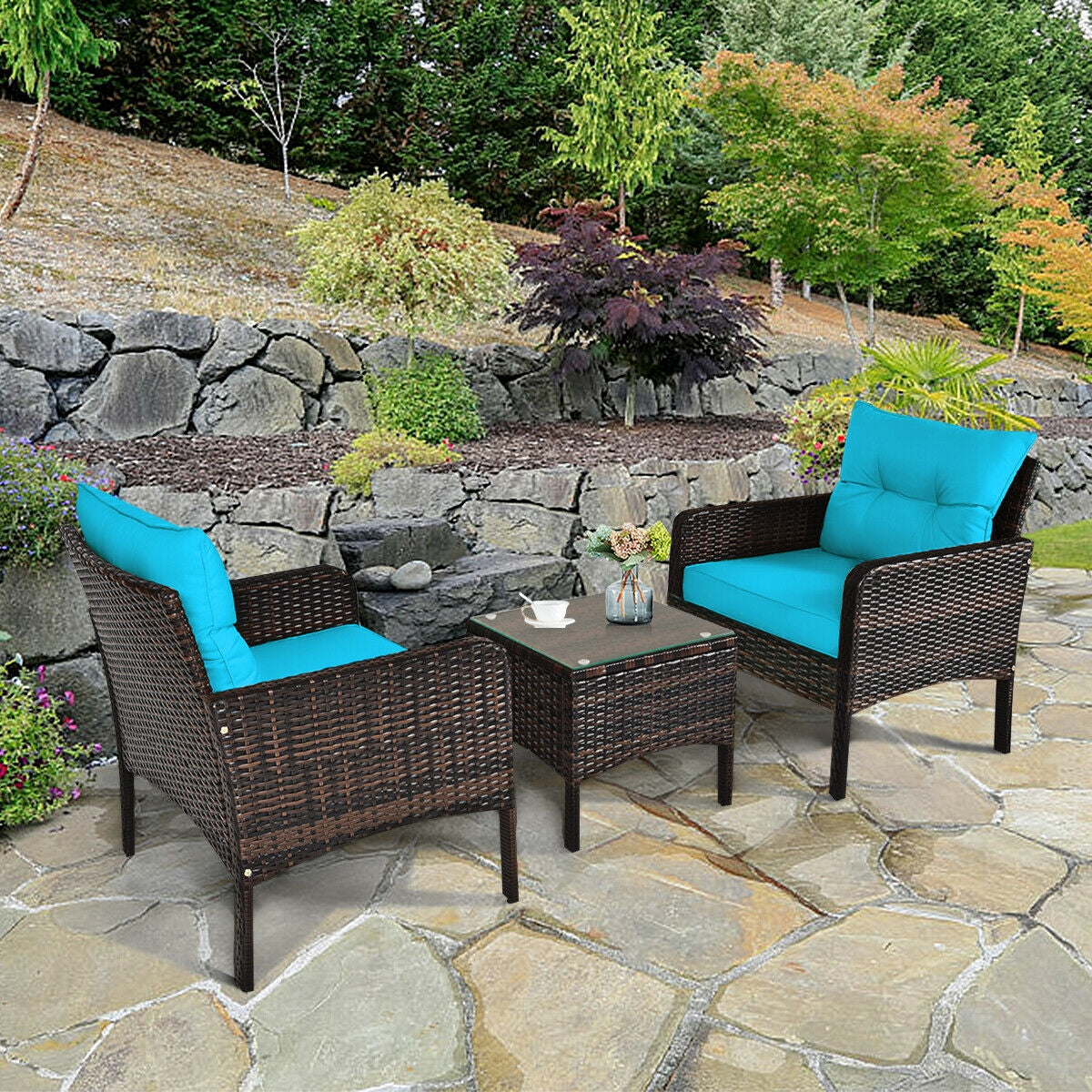 3 Pcs Outdoor Patio Rattan Conversation Set with Seat Cushions-Turquoise