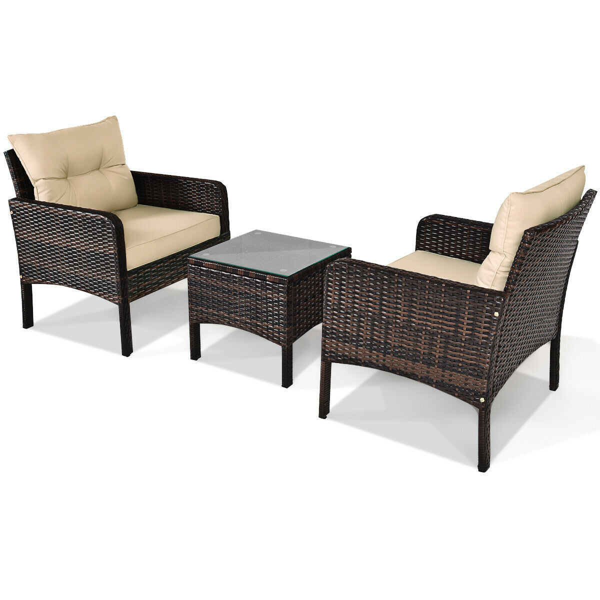 3 Pieces Outdoor Patio Rattan Conversation Set with Seat Cushions-Beige