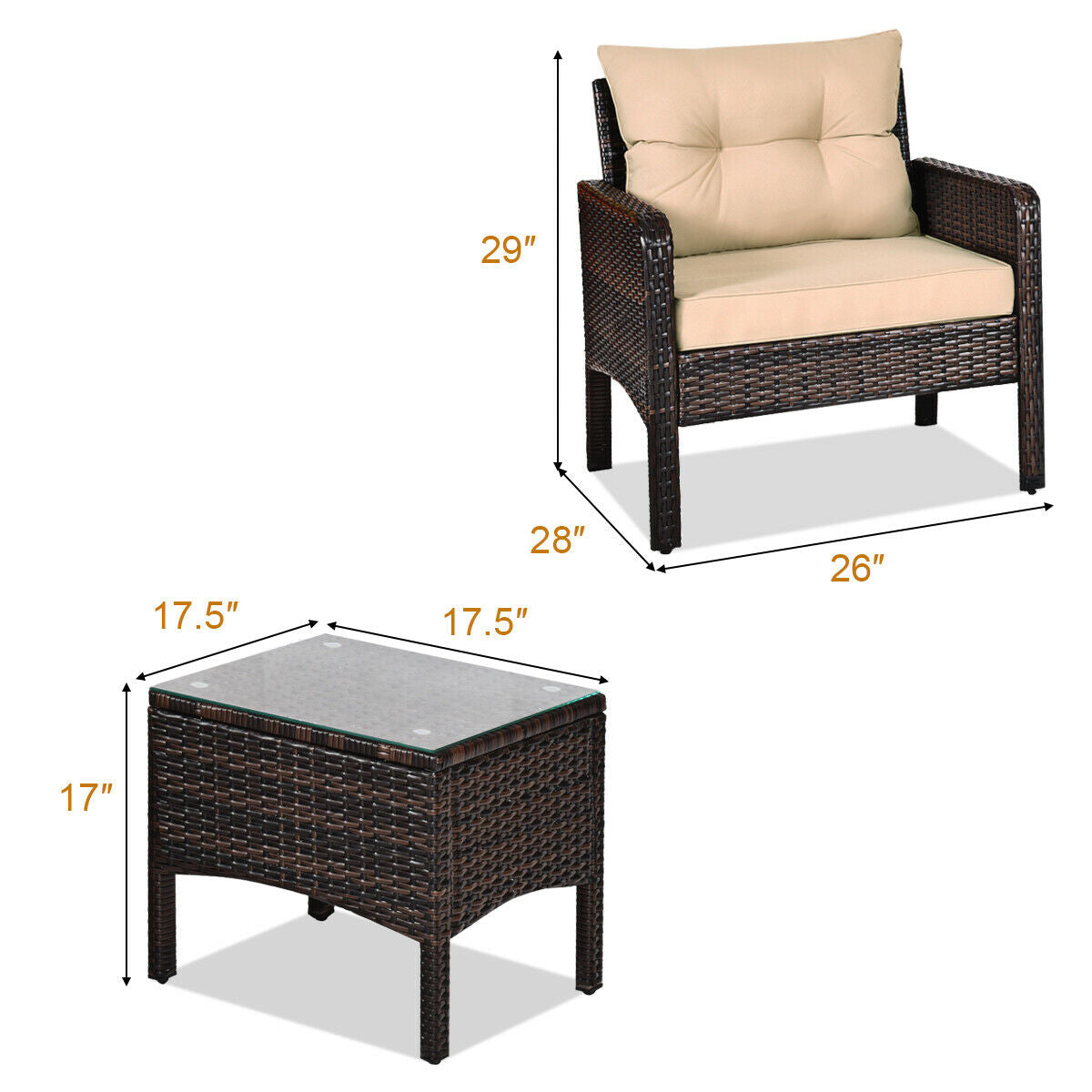 3 Pieces Outdoor Patio Rattan Conversation Set with Seat Cushions-Beige