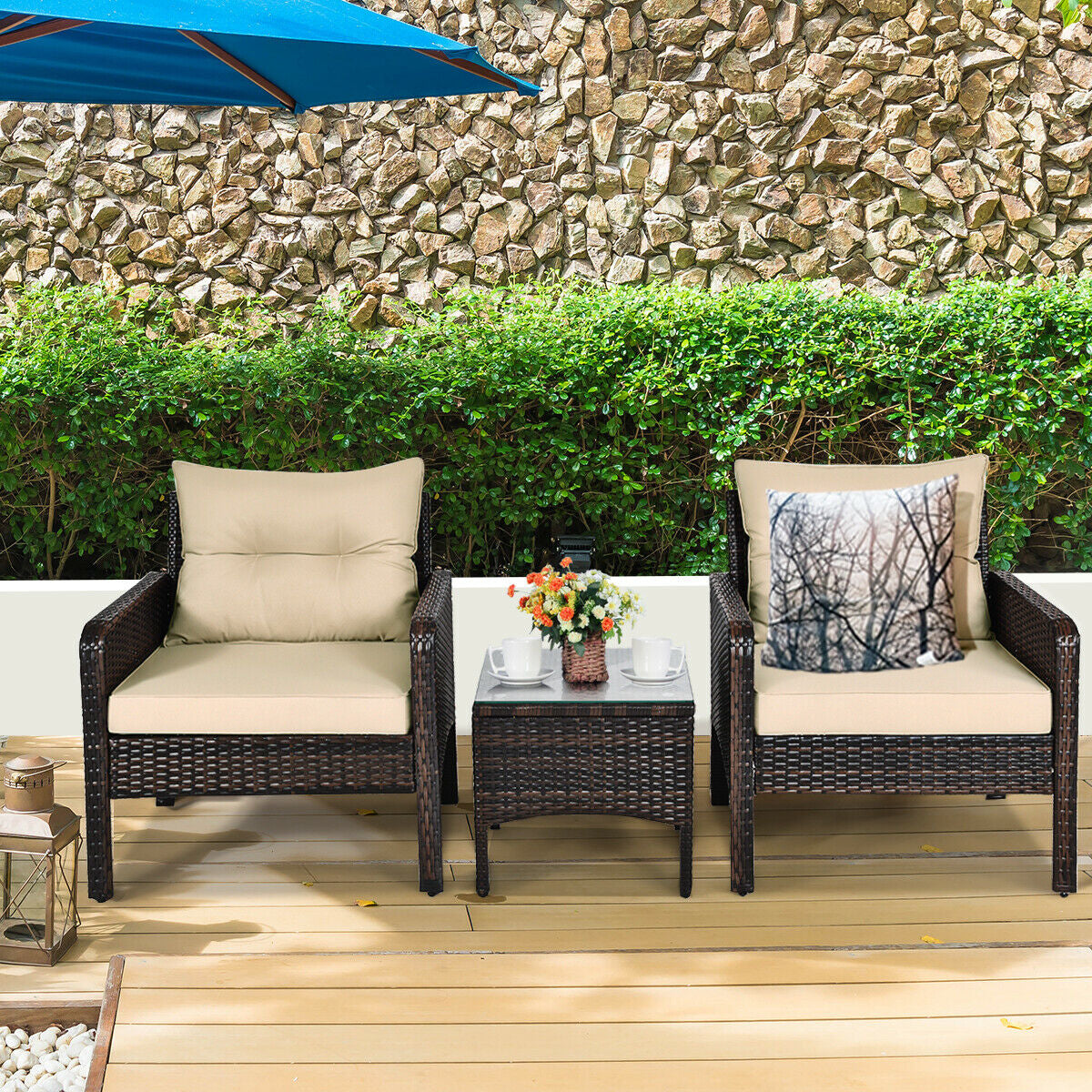 3 Pieces Outdoor Patio Rattan Conversation Set with Seat Cushions-Beige 