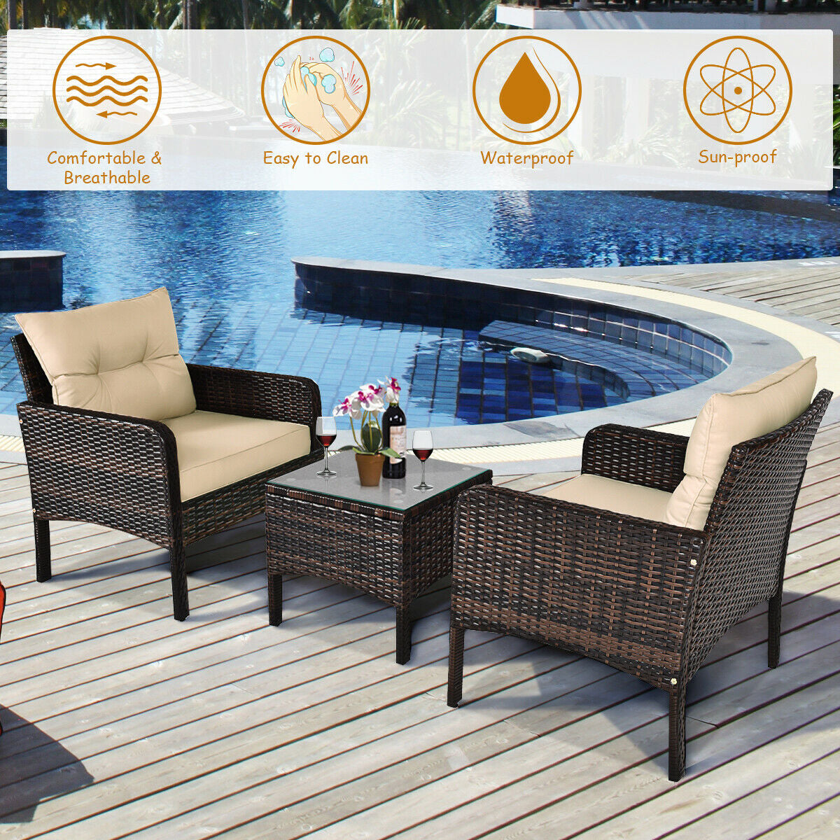 3 Pieces Outdoor Patio Rattan Conversation Set with Seat Cushions-Beige 