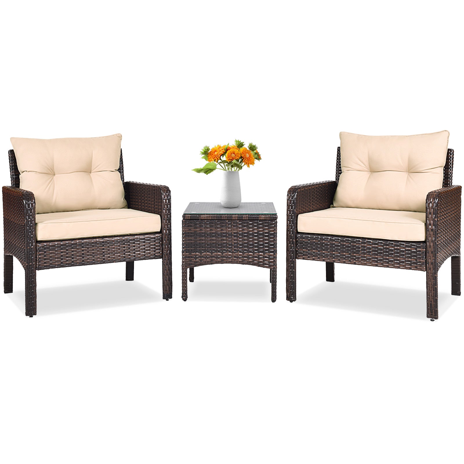 3 Pieces Outdoor Patio Rattan Conversation Set with Seat Cushions-Beige