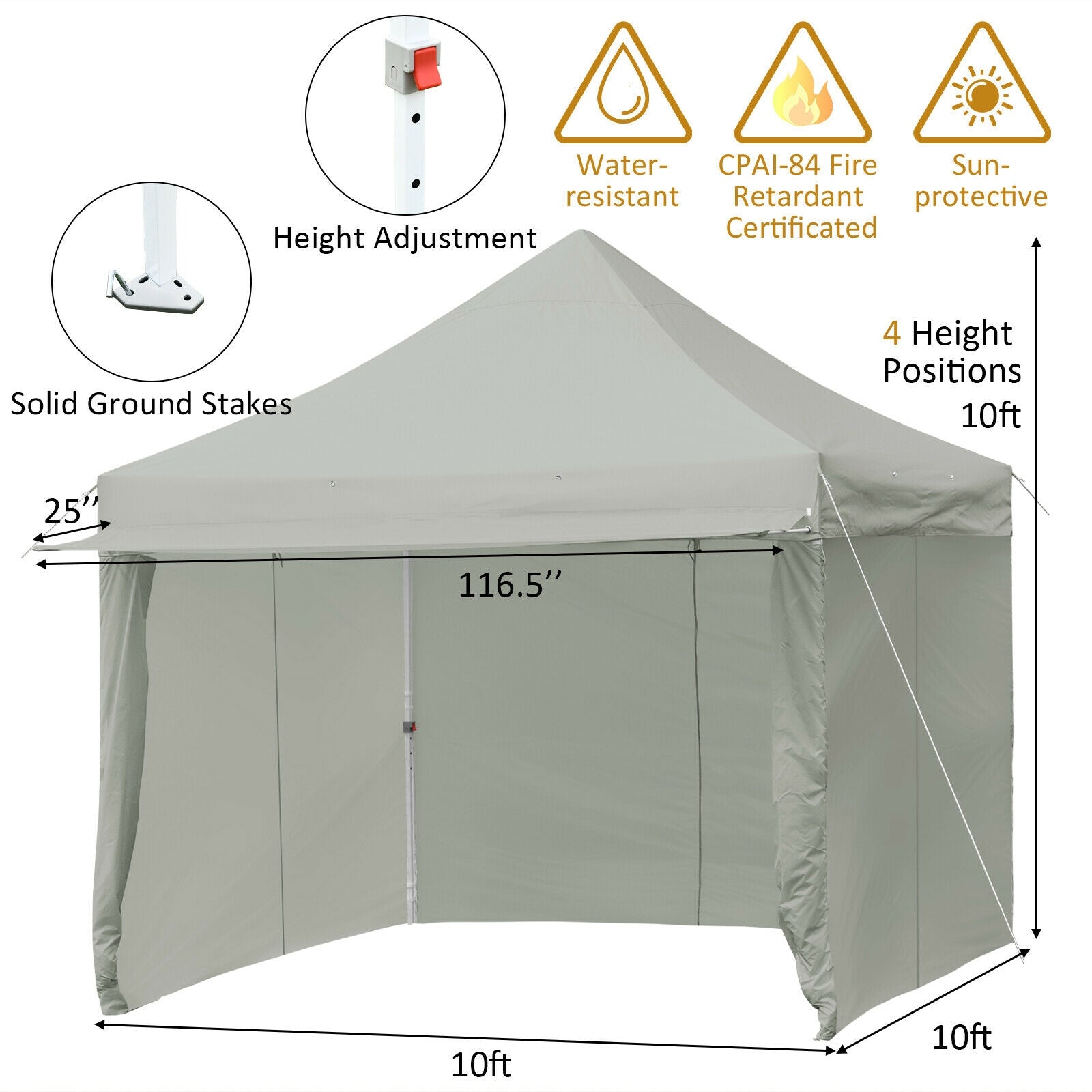 10 x 10 Feet Pop up Gazebo with 4 Height and Adjust Folding Awning-Gray