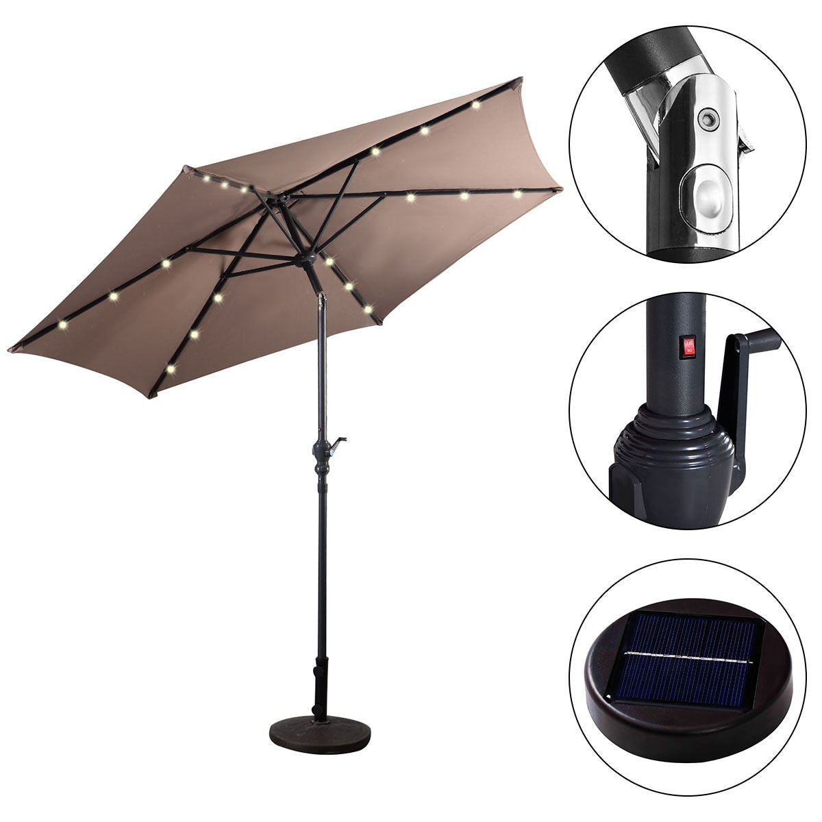 9' Solar LED Lighted Patio Market Umbrella Tilt Adjustment Crank Lift -Tan