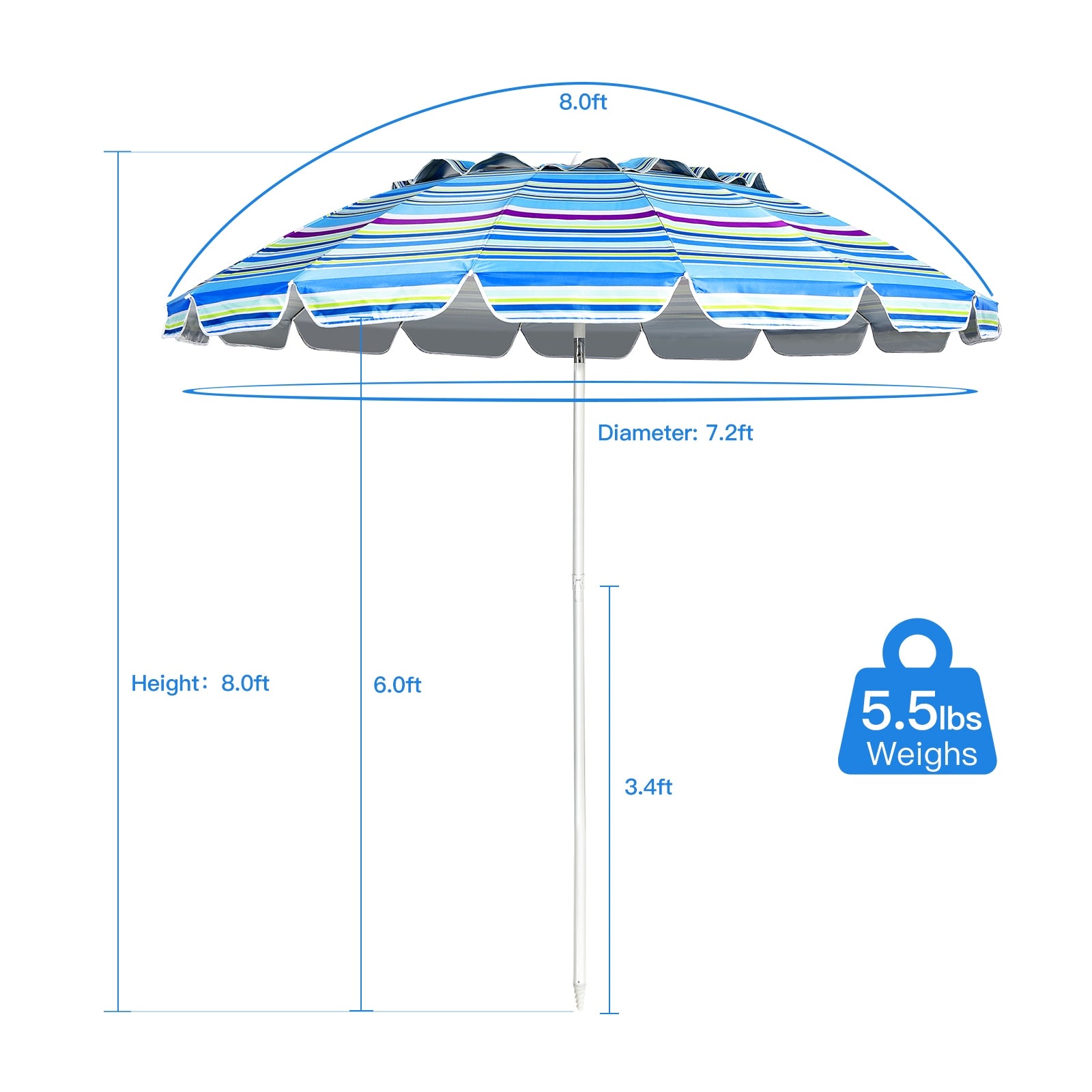 8FT Portable Beach Umbrella with Sand Anchor and Tilt Mechanism for Garden and Patio-Blue