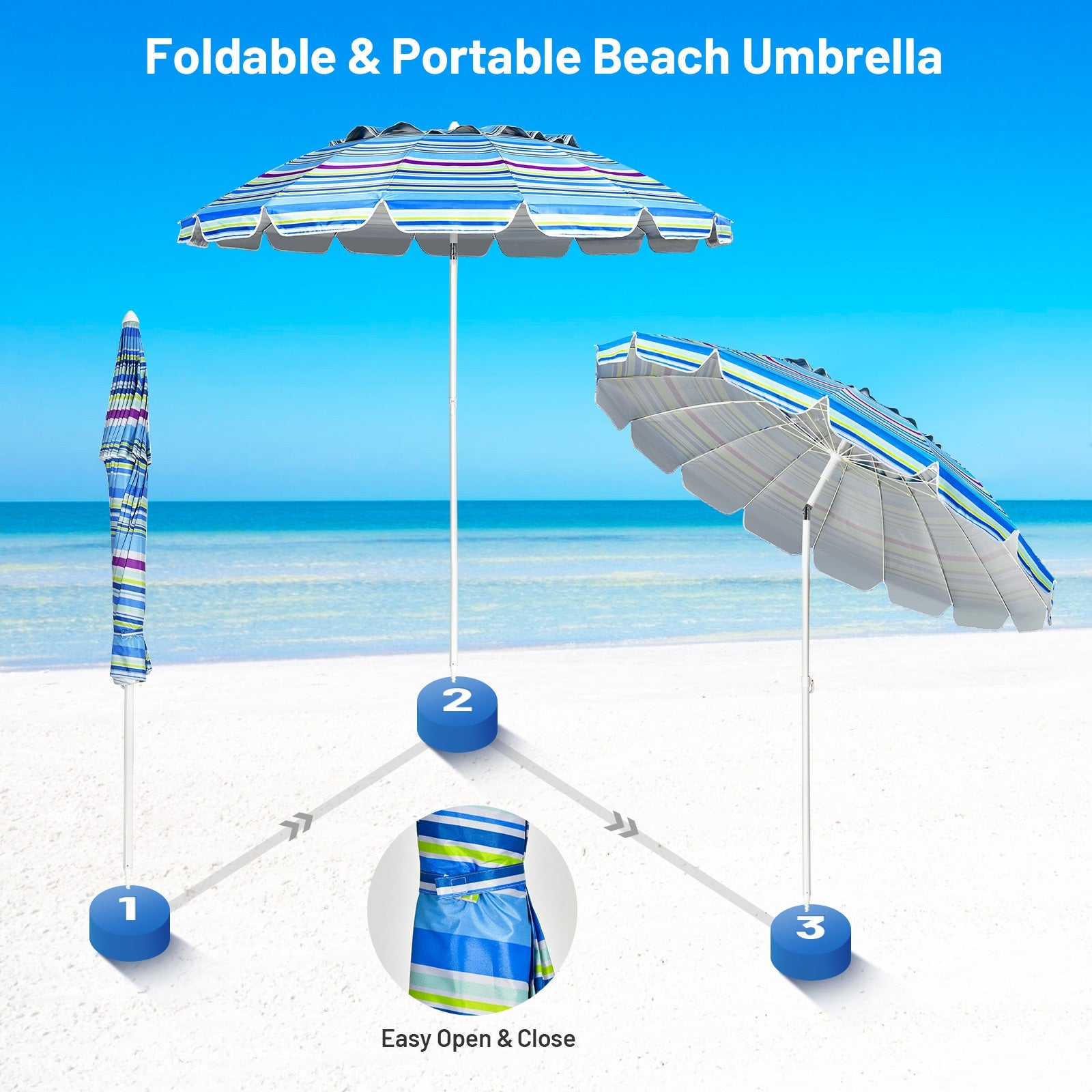 8FT Portable Beach Umbrella with Sand Anchor and Tilt Mechanism for Garden and Patio-Blue