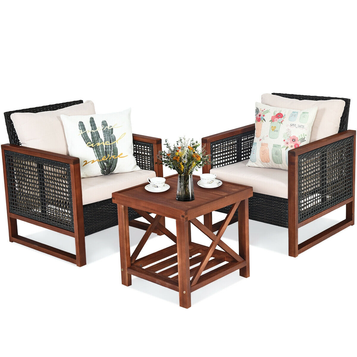 3 Pcs Patio Wicker Furniture Sofa Set with Wooden Frame and Cushion-Beige