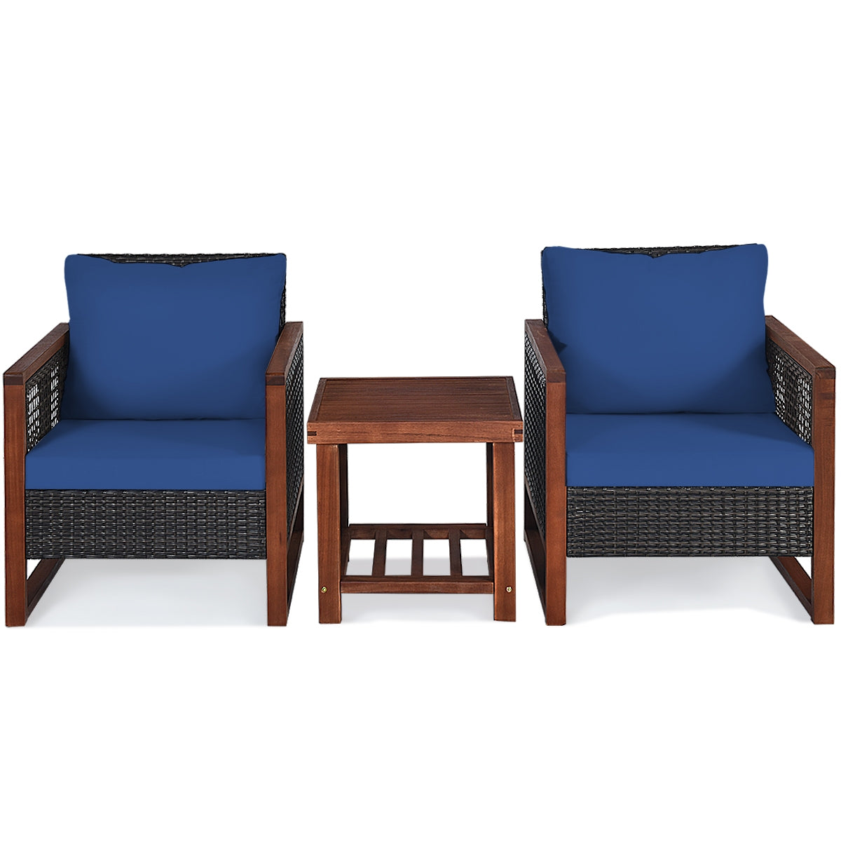 3 Pcs Patio Wicker Furniture Sofa Set with Wooden Frame and Cushion-Navy