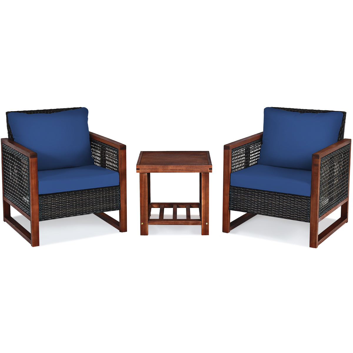 3 Pcs Patio Wicker Furniture Sofa Set with Wooden Frame and Cushion-Navy