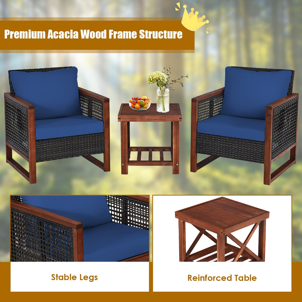 3 Pcs Patio Wicker Furniture Sofa Set with Wooden Frame and Cushion-Navy